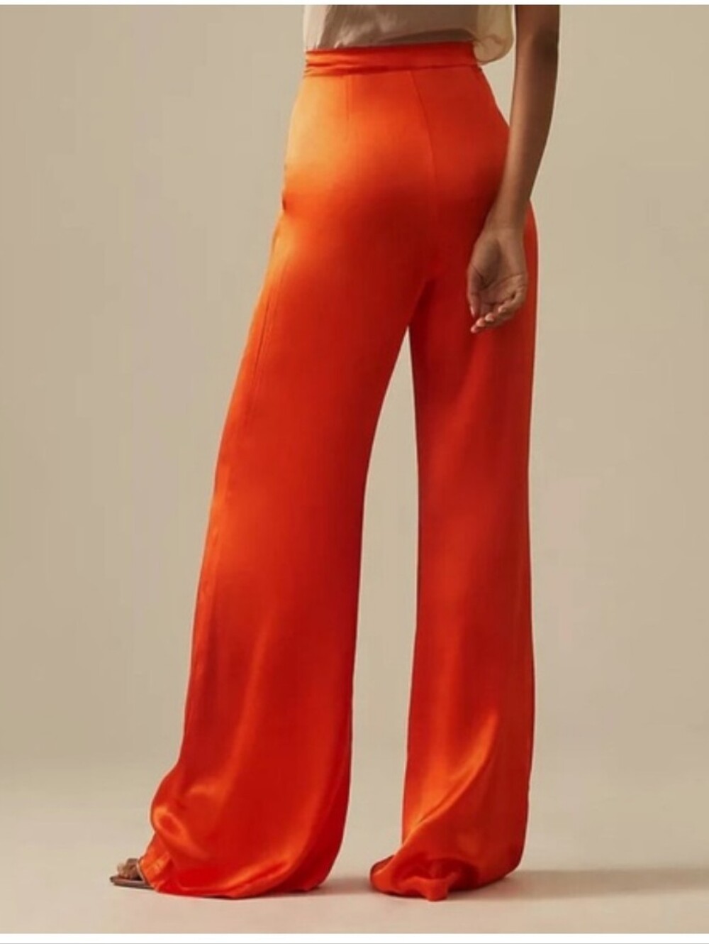 Anthropologie Vibrant Orange Satin Wide-Leg Pants - Picture 2 of 10